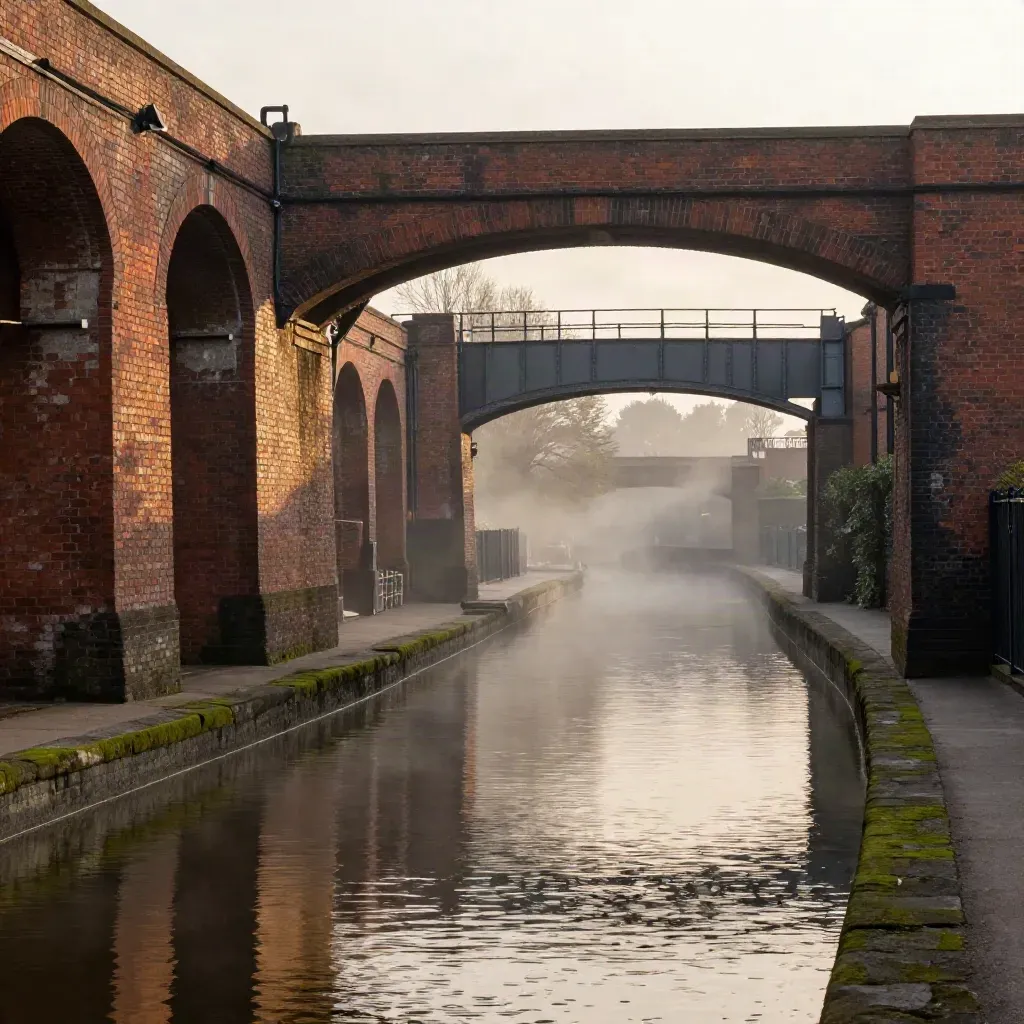 Amber-lit Midlands canal with red brick arches, ironwork, and still water in warm haze