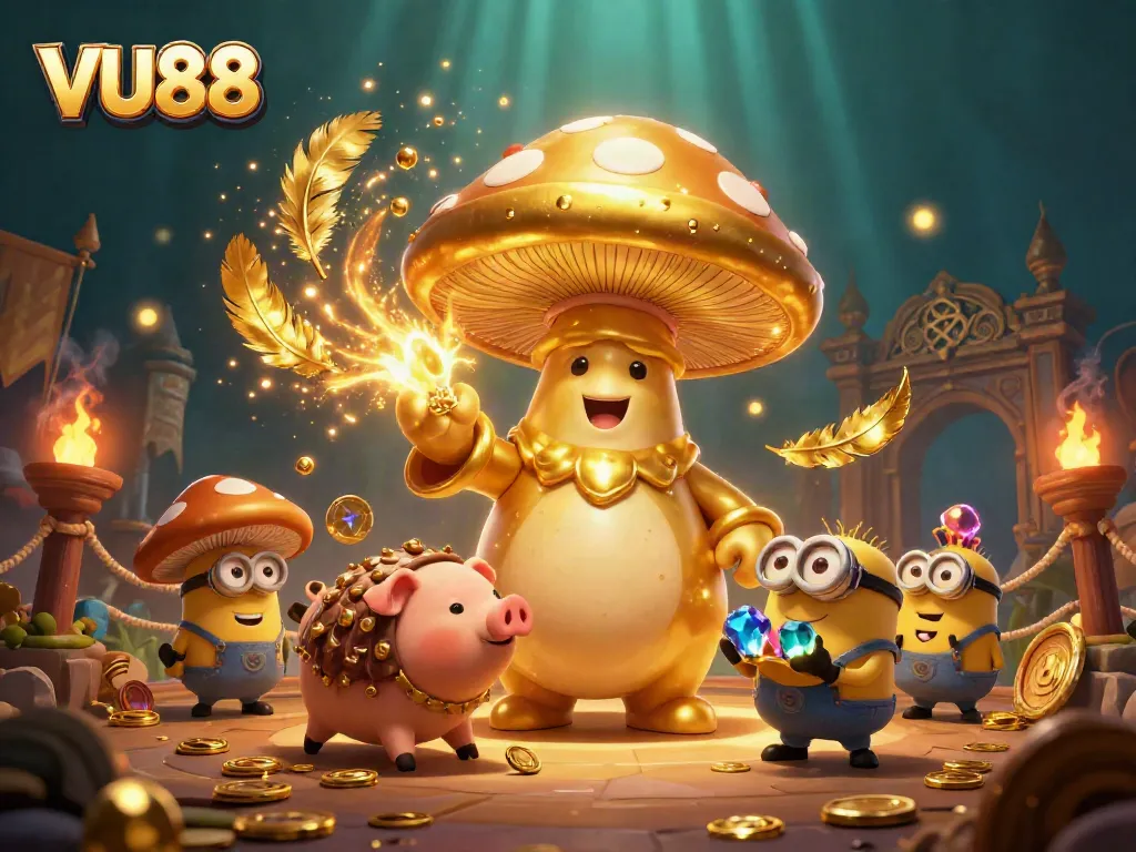 Experience the magic of VU88's casino adventure with golden 3D characters and vibrant elements.