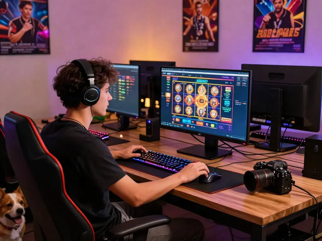Casinos non Gamblock UK player immersed in an online casino game with vibrant accessories.