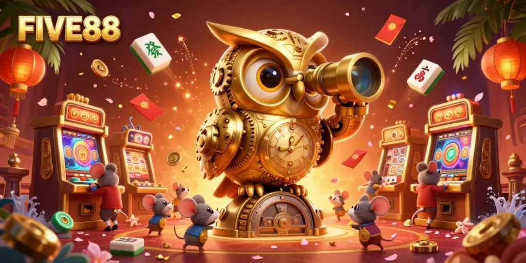 Experience the vibrant atmosphere of FIVE88 with dynamic casino elements and a golden owl guiding the way.