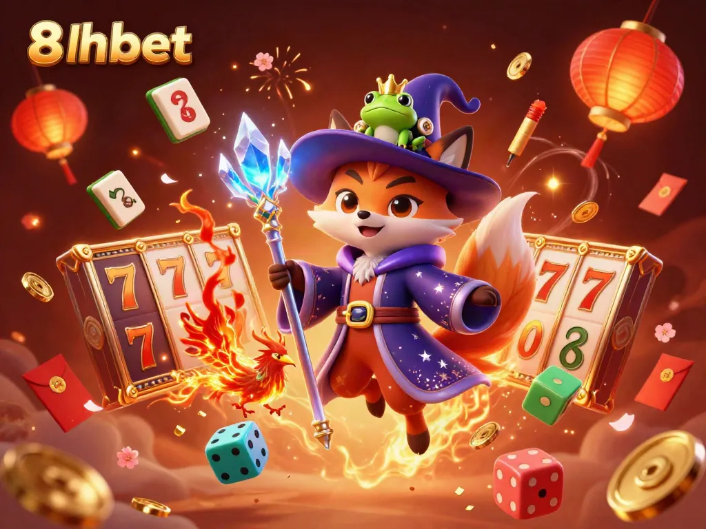 Engage with the vibrant 8xbet casino world featuring a wizard fox, phoenix, and dynamic slot elements.