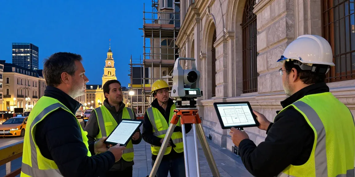 3D Laser Scanning London at urban construction site, surveyors capturing precise measurements of a historic building.