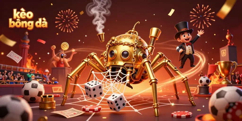 Experience exciting sports betting with kèo bóng đá amidst a dynamic steampunk scene filled with golden elements.