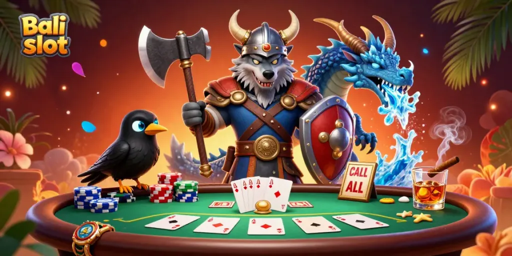 Engage with Bali slot gaming through a vibrant 3D illustration of a Viking warrior, dragon, and poker scene.