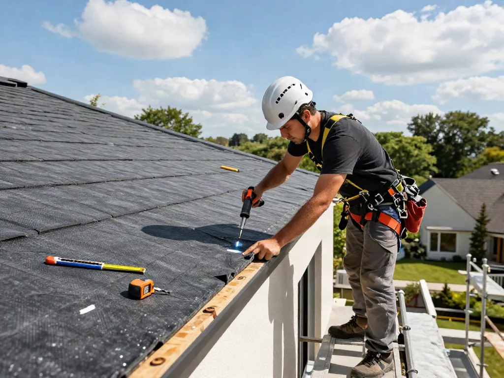 Expert roofer installing a felt roof with safety gear, showcasing a flat-roofed extension.