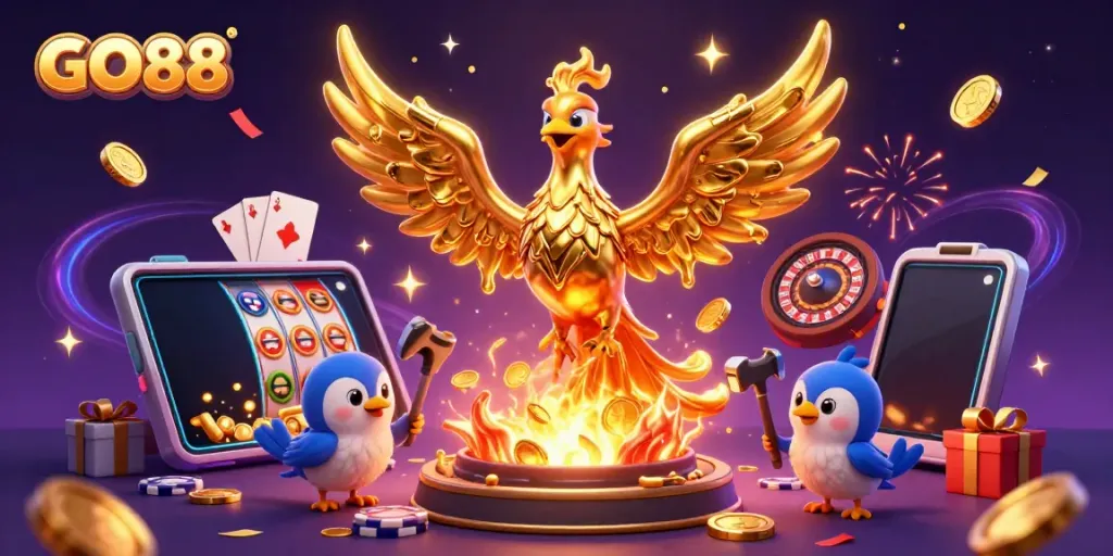 Engage with GO88’s vibrant gaming world, showcasing a molten phoenix and dynamic casino elements.