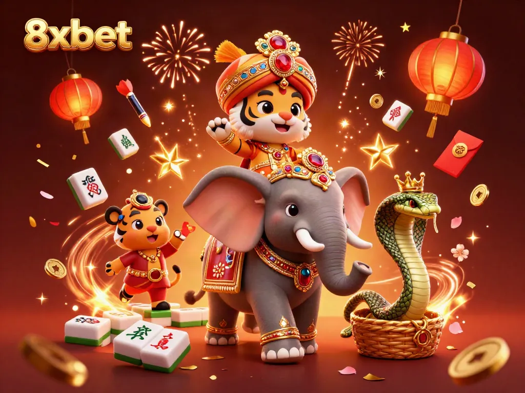 Experience the thrill of 8xbet with vibrant casino-themed characters and festive elements.