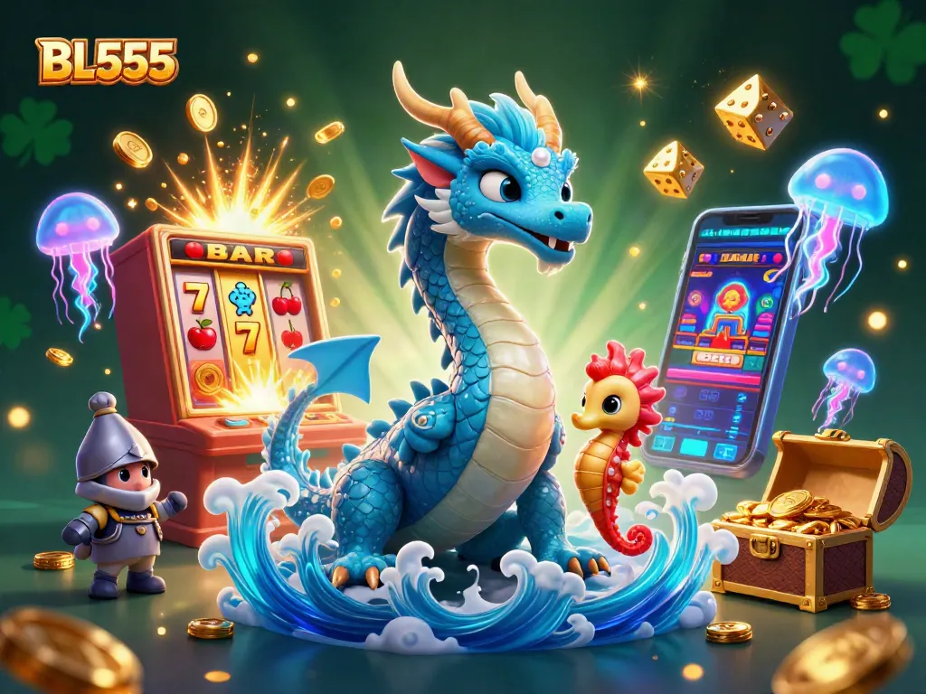 Experience thrilling wins at BL555 with a vibrant 3D casino scene featuring dynamic slot action and lucky symbols.