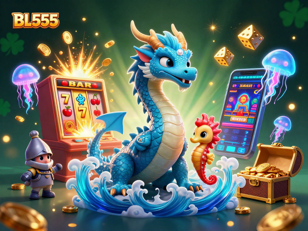 Experience thrilling wins at BL555 with a vibrant 3D casino scene featuring dynamic slot action and lucky symbols.
