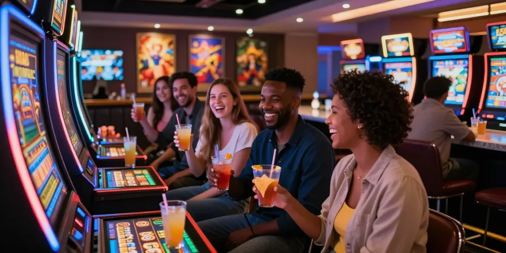 Friends enjoying exciting gaming at casinos non gamblock uk environment