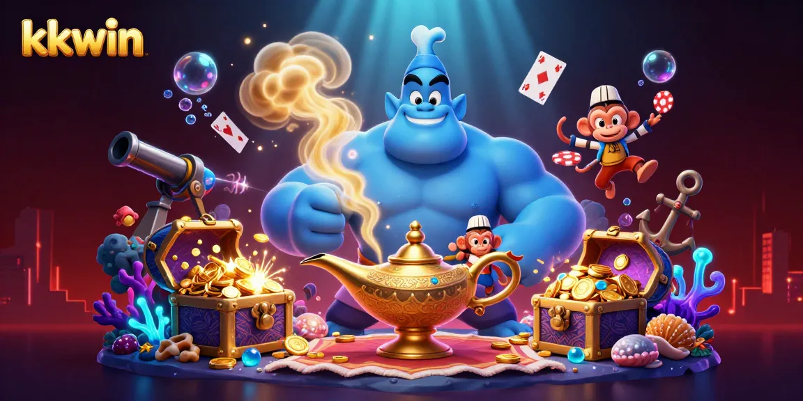 Engage with kkwin's thrilling games as a blue genie and magic carpet create excitement in this casino scene.