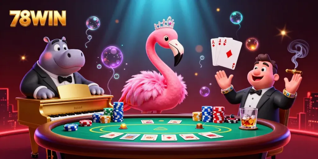 Experience dynamic casino culture with 78WIN's flamingo singer and hippo bassist, vibrant poker scene.