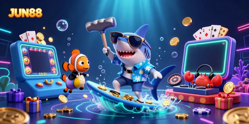 Experience winning moments at JUN88 with immersive casino-themed 3D characters and energetic gaming elements.