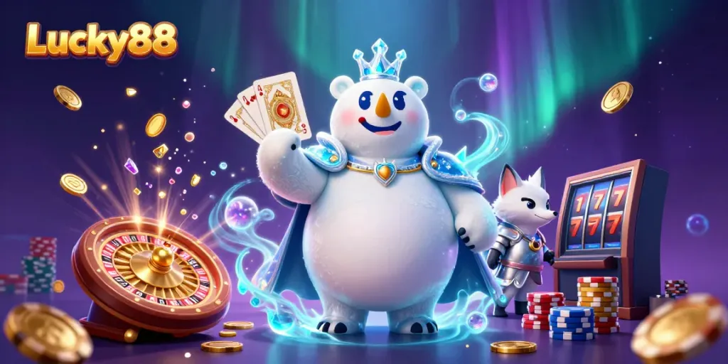 Experience the thrill of Lucky88 with a shining polar bear and fox amidst cascading coins and vibrant casino elements.