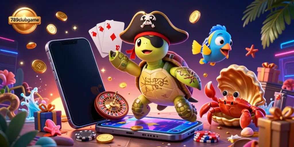 Engage with 789clubgame's lively 3D scene showcasing a turtle hero amidst casino symbols.