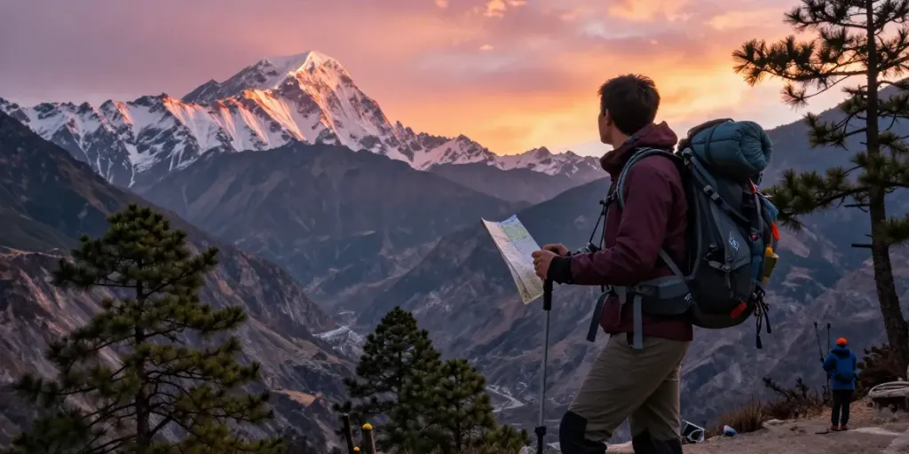 Viajero en el Manaslu Circuit Trek, disfrutando de un atardecer espectacular sobre las montañas, equipado con mochila y mapa.