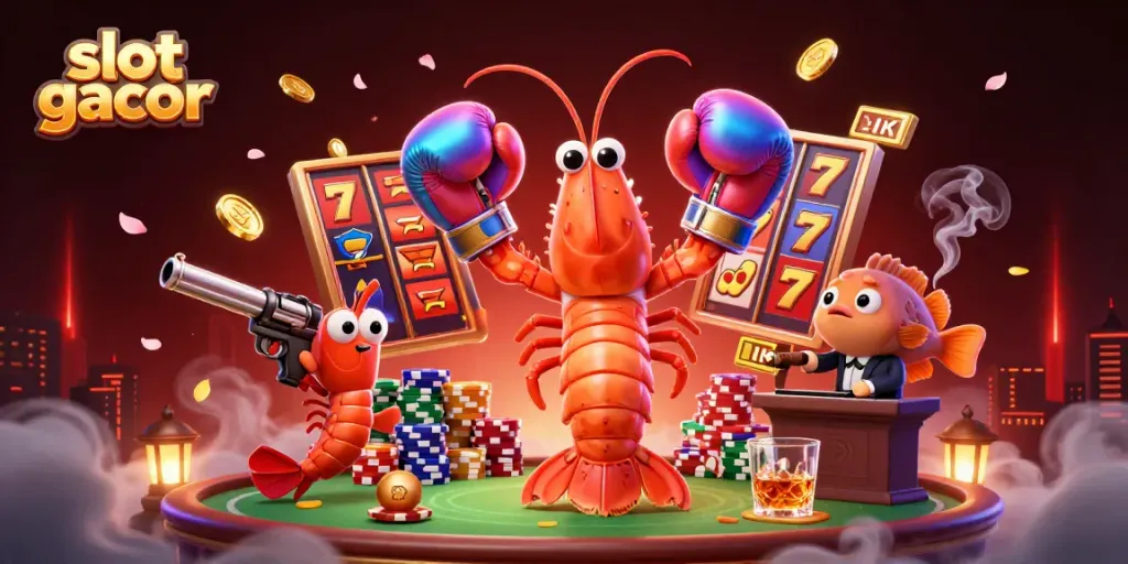 Slot gacor menampilkan karakter udang mantis dan rekan di meja slot yang meriah.