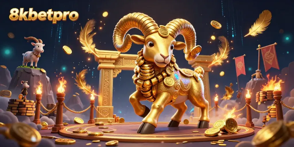 Experience the thrill of 8xbetpro with a dynamic casino scene featuring a golden ram charging through a magnificent gate.