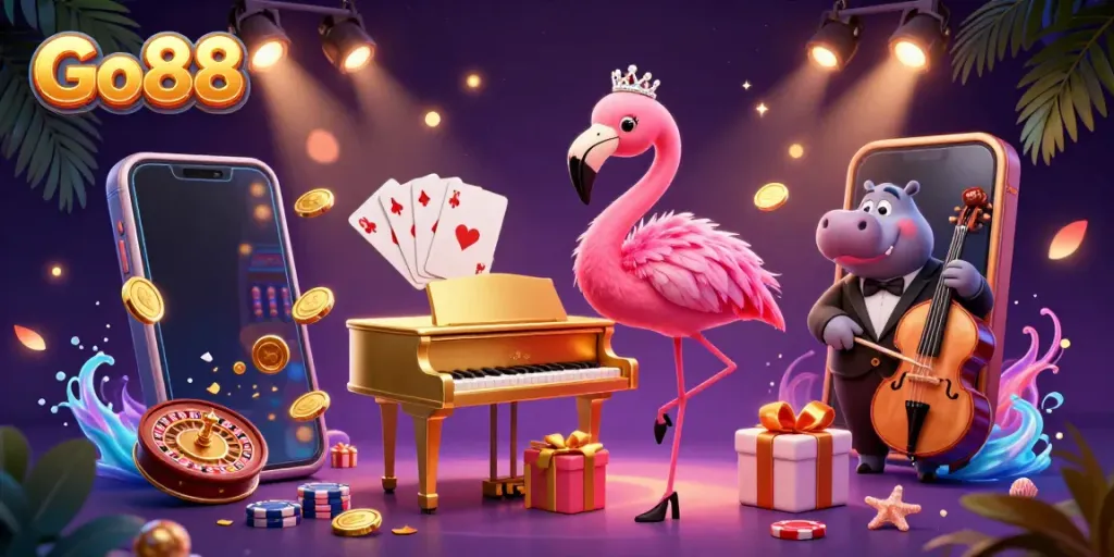 Experience thrilling gameplay at Go88 with vibrant characters and dynamic casino elements.