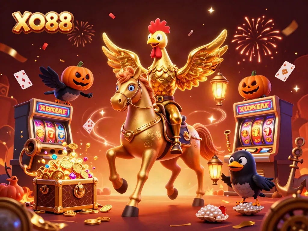 Experience the excitement of XO88's gaming paradise with a spirited golden rooster and magical creatures.