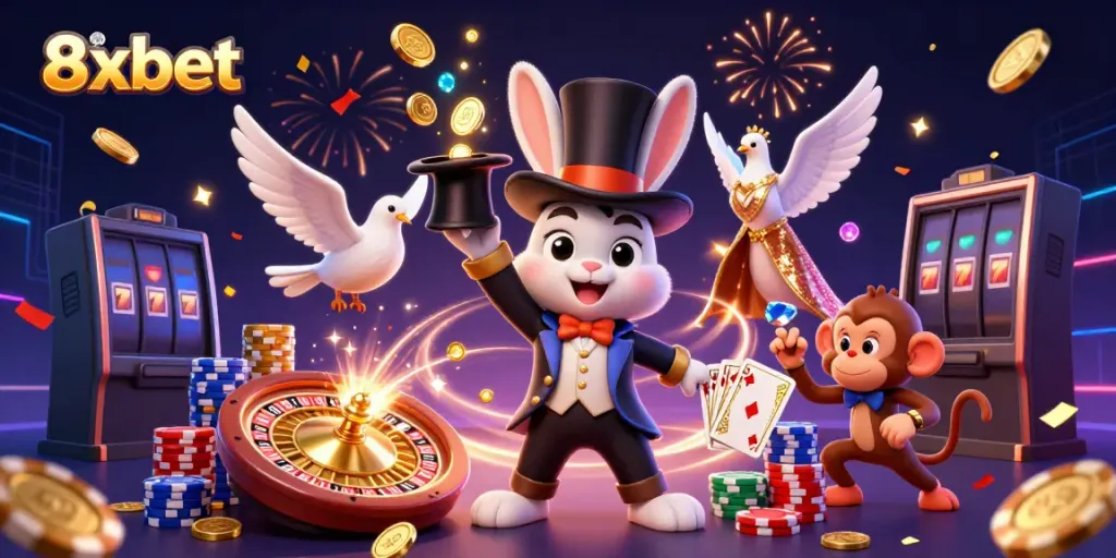 Play and win big with 8xbet in this magical casino illustration featuring dynamic characters and exciting elements.