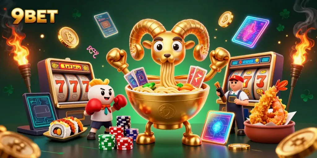 Experience thrilling casino fun with 9BET, featuring a vibrant cartoon scene of games and clever character interactions.