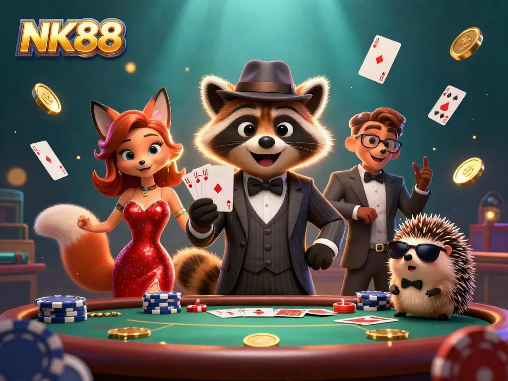 Experience an exciting game at NK88 with a suave raccoon, a charming fox, and a hedgehog bouncer.