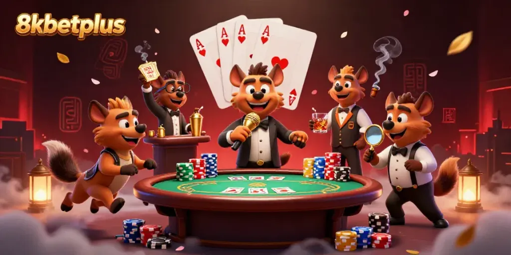 Enjoy the lively atmosphere at 8xbetplus with a comedic casino scene featuring hyenas and poker elements.