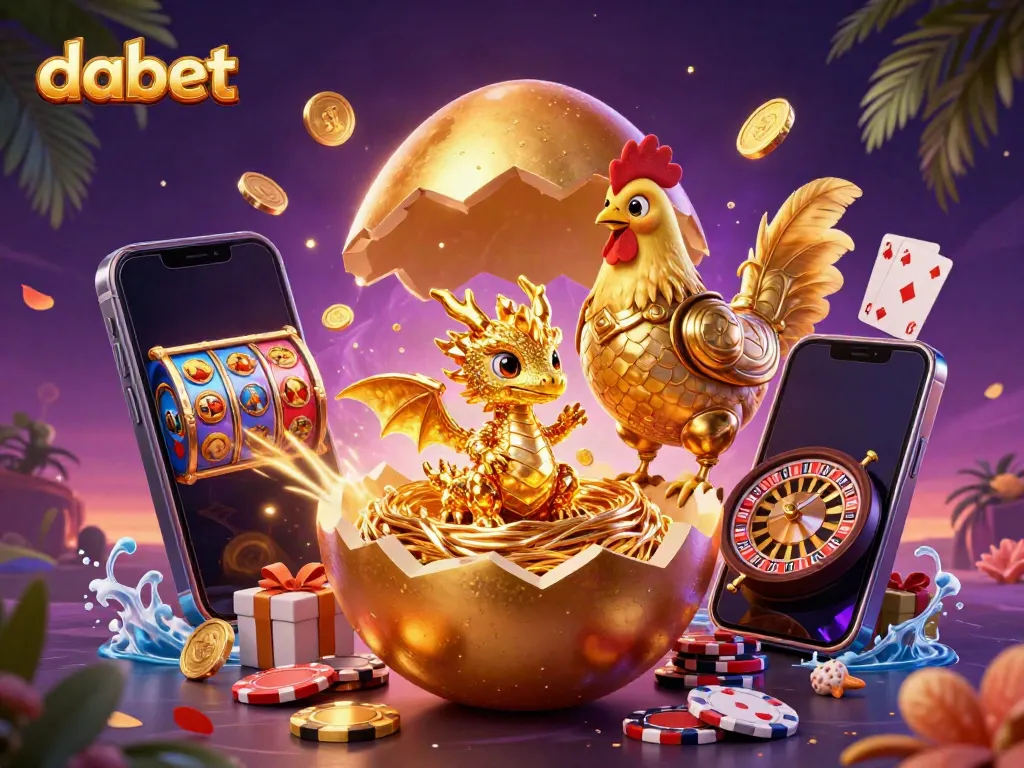 Experience the excitement of dabet with a golden dragon next to vibrant casino elements.