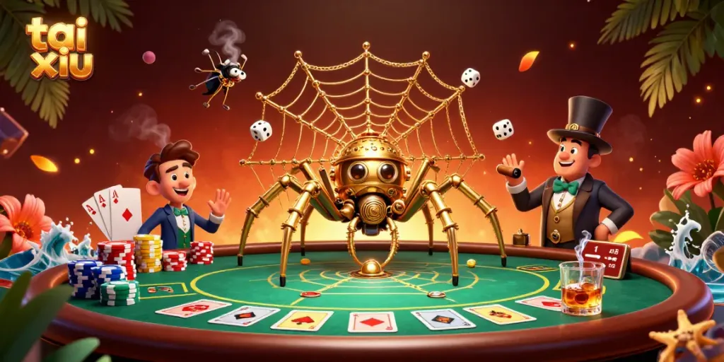 Engage in tai xiu action as a golden spider ensnares dice amidst a vibrant casino scene.