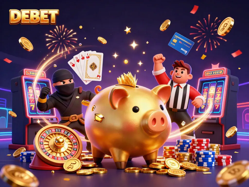 Betting action depicted in an elaborate DEBET-themed 3D illustration with dynamic characters and casino elements.