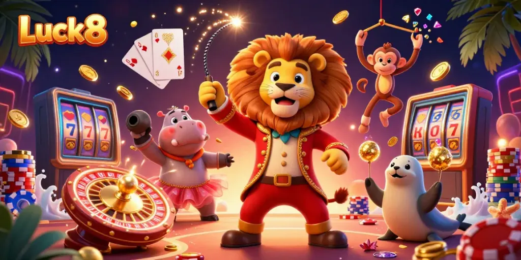 Experience the vibrant games at Luck8 with a charming circus theme featuring casino elements.