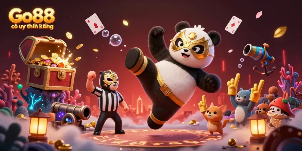 Experience the excitement of Go88 có uy tín không with a vibrant 3D wrestling scene showcasing a panda and chihuahua amidst treasure and animated characters.