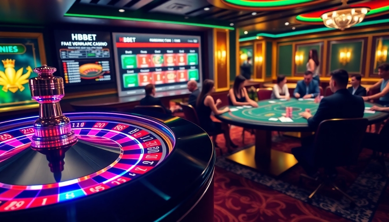Experience the excitement of HBBET with an elegant online casino scene featuring roulette, poker, and vibrant gameplay.
