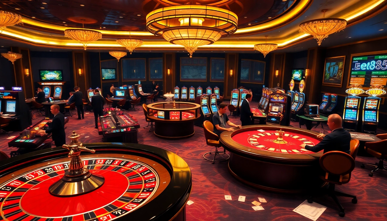 Engage with the thrilling casino scene showcasing the ee88 link đăng nhập with vibrant tables and excited players.