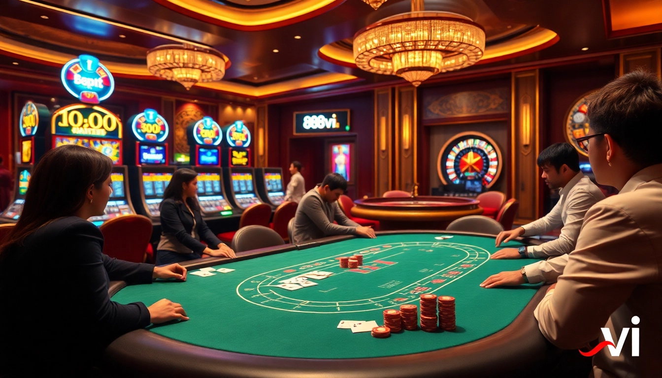 Engaged players at an 888vi poker table with vibrant casino ambiance and slot machines.