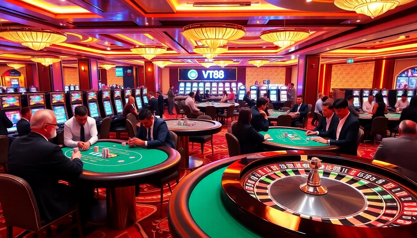 Players enjoying VT88 excitement at a luxurious casino table with poker chips and roulette wheel.