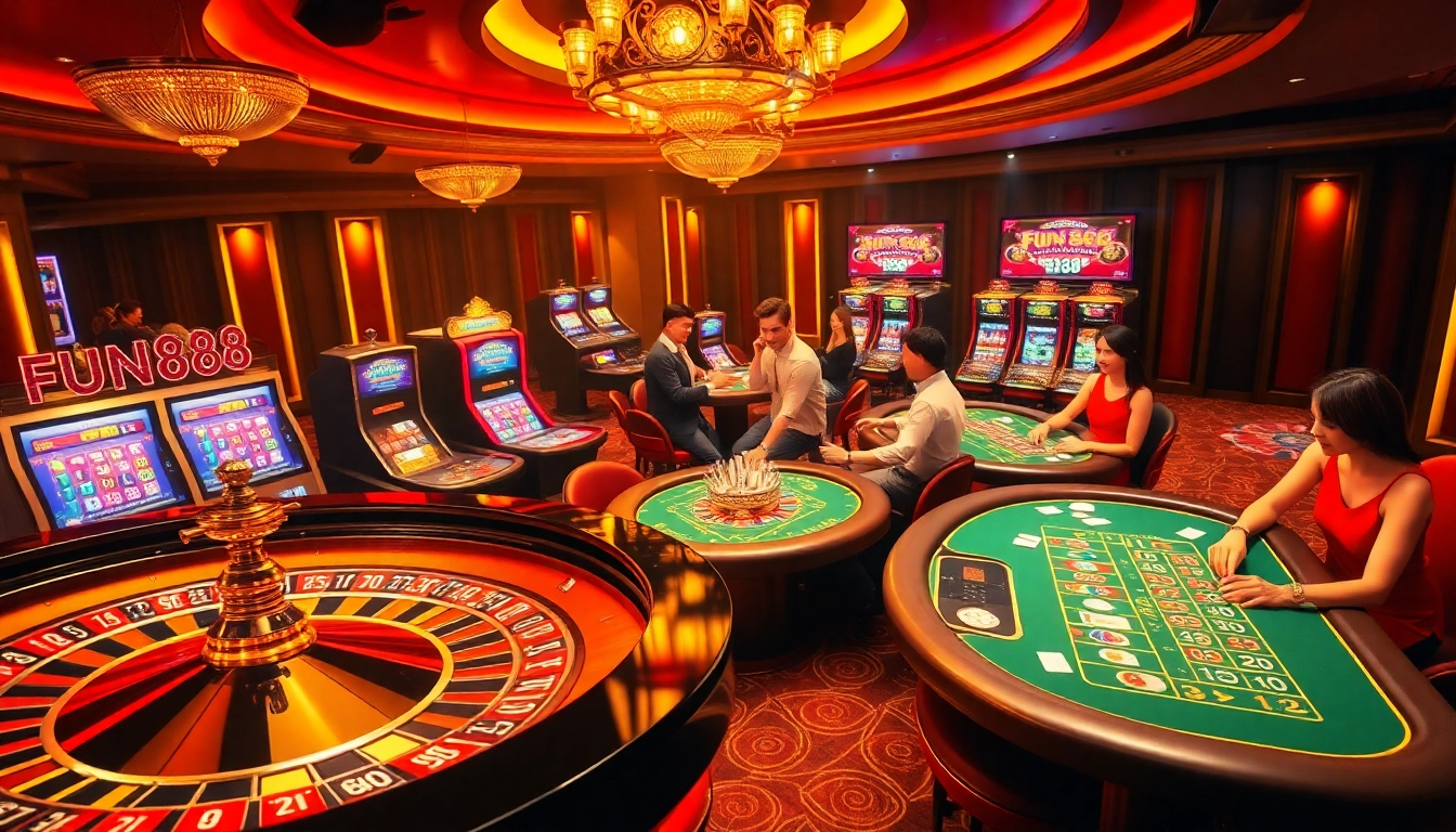 Fun88 casino scene showcasing roulette and poker action with vibrant, festive atmosphere.