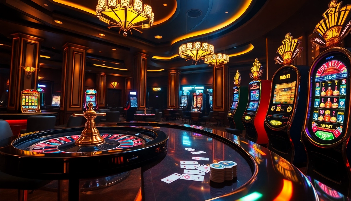 HAYWIN casino scene with poker chips, cards, and a vibrant slot machine captivating gamblers.