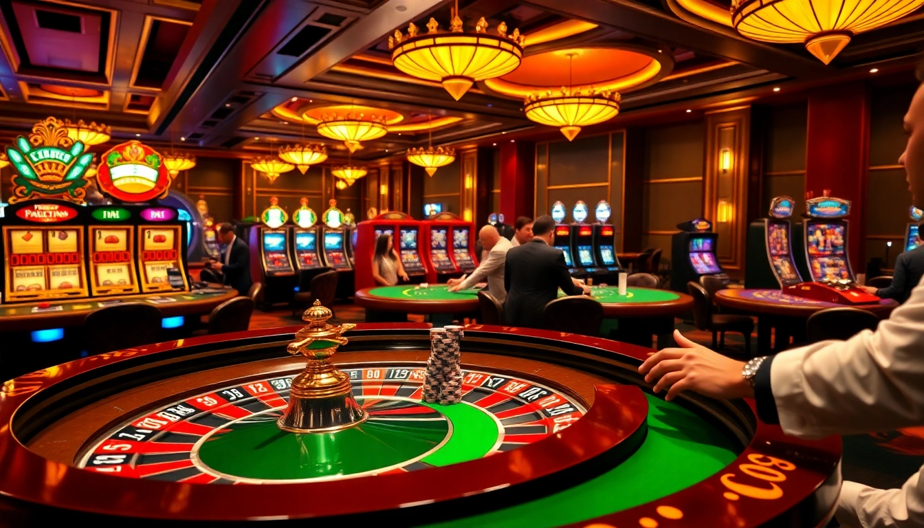 Exciting atmosphere in a casino with B8 involved in roulette and blackjack tables.