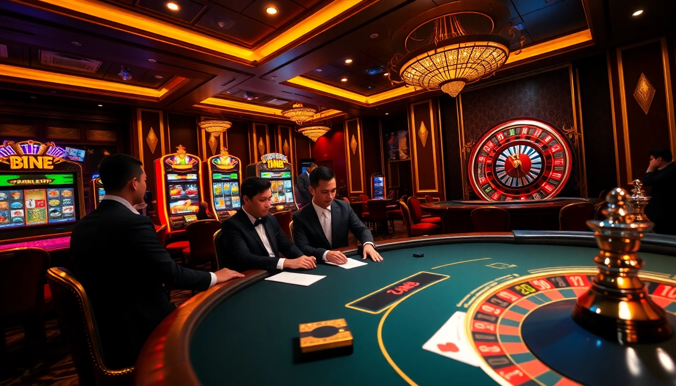Experience thrilling gameplay at CM88 with a luxurious casino setting featuring poker and slot machines.