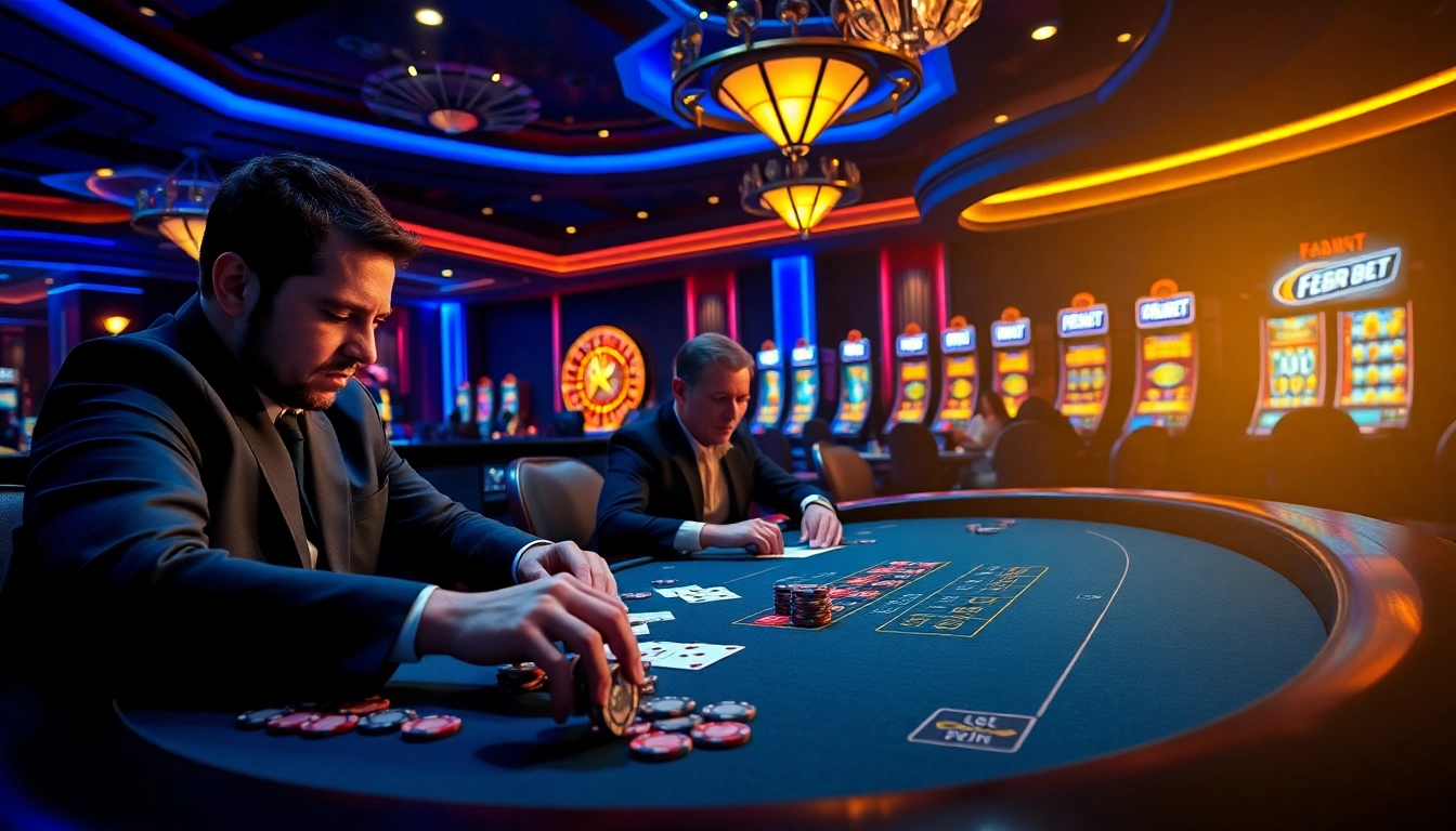 FEBET poker players strategizing at a high-stakes table in a luxurious casino ambiance.