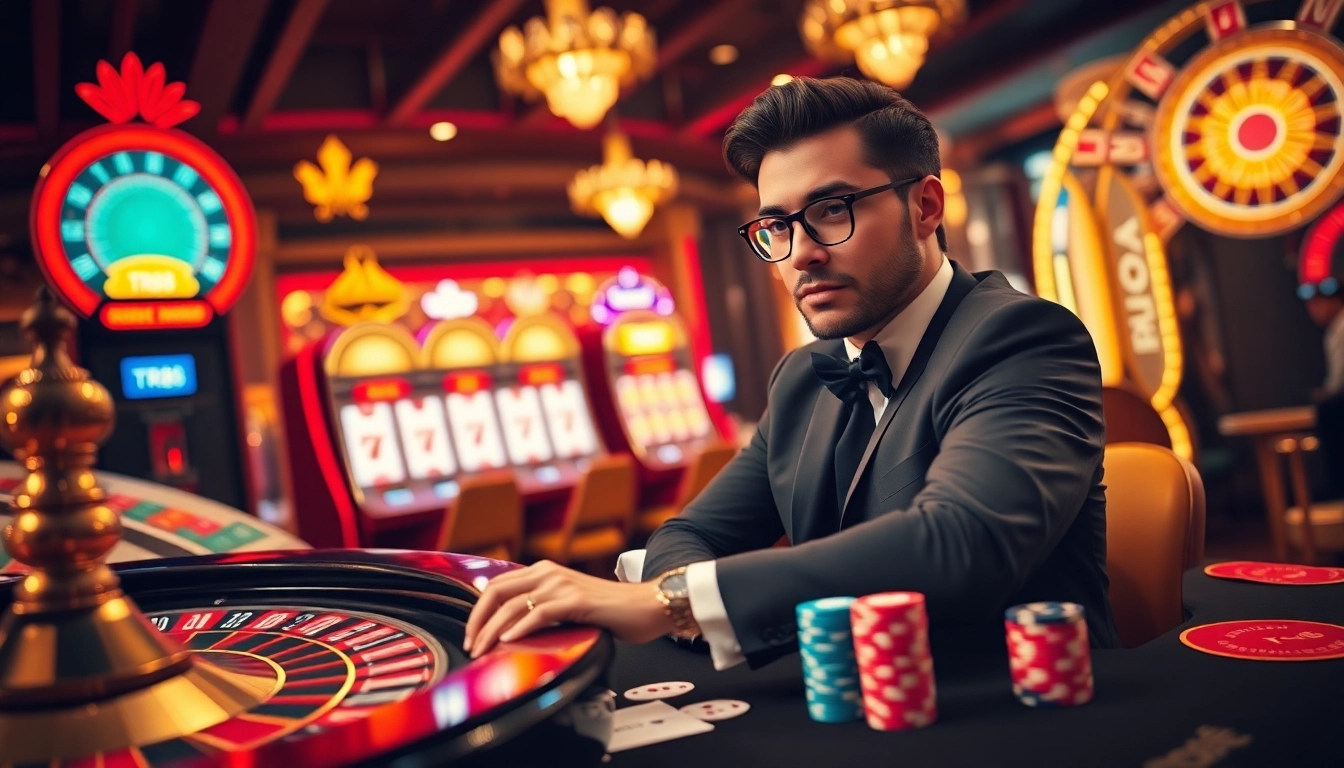 TR88 gaming excitement at a luxurious casino with poker chips and roulette wheel.