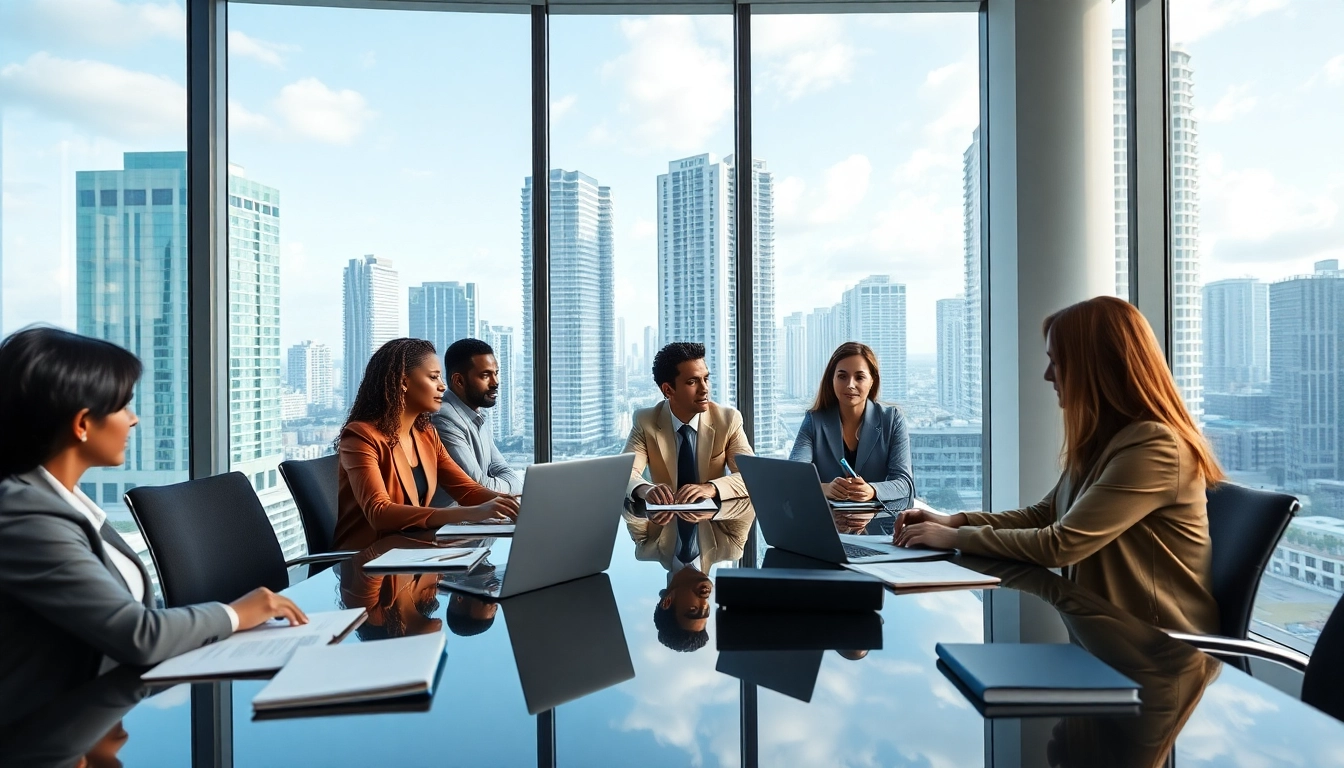 Professional team at a US law firm strategizing in a modern Miami office.