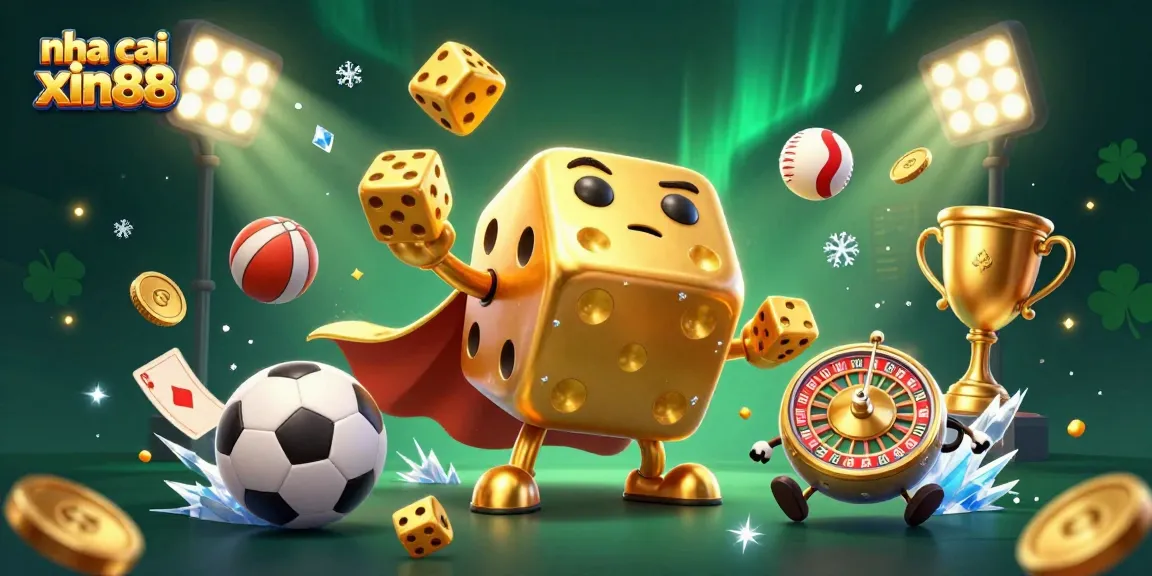 Engage with nha cai xin88 as a golden dice golem celebrates and juggles golden dice, amidst a rich, dynamic casino scene.