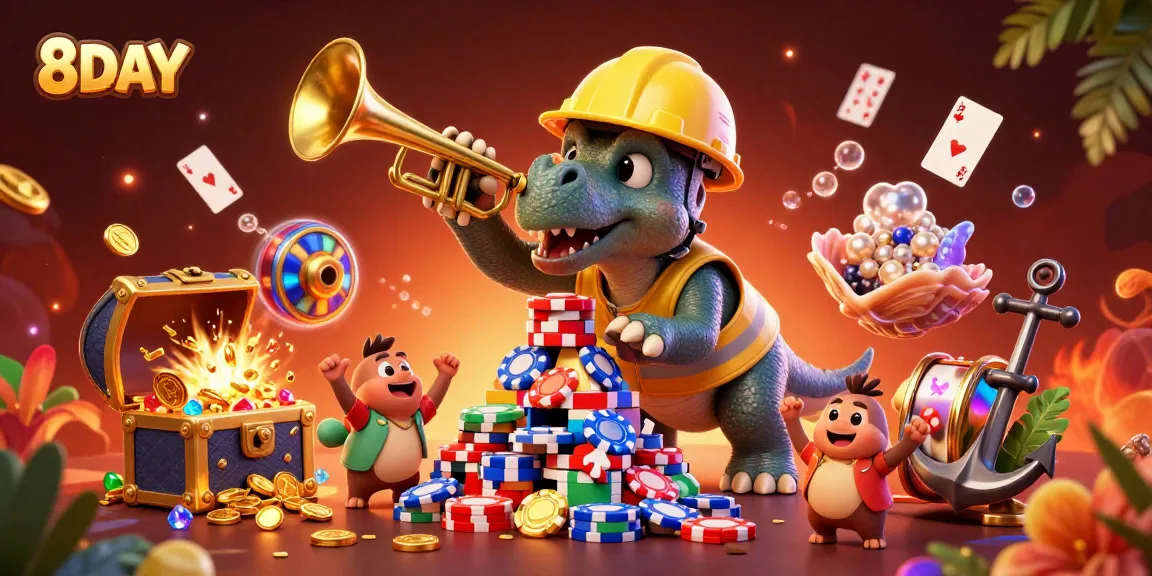 Experience winning strategies with 8DAY's vibrant online casino illustration filled with dynamic gaming elements.