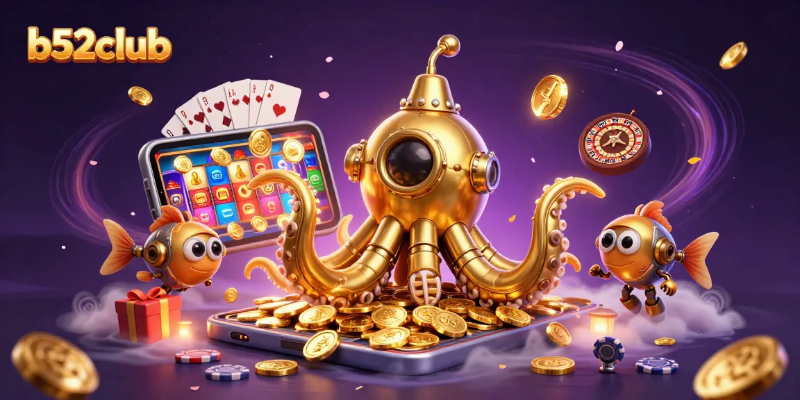 B52club's vibrant casino experience featuring a golden kraken submarine amidst a sea of coins and dynamic gaming elements.