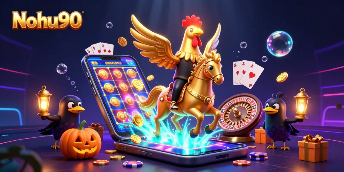 Nohu90 engages players with colorful slot games amid gold coins and vibrant casino elements.
