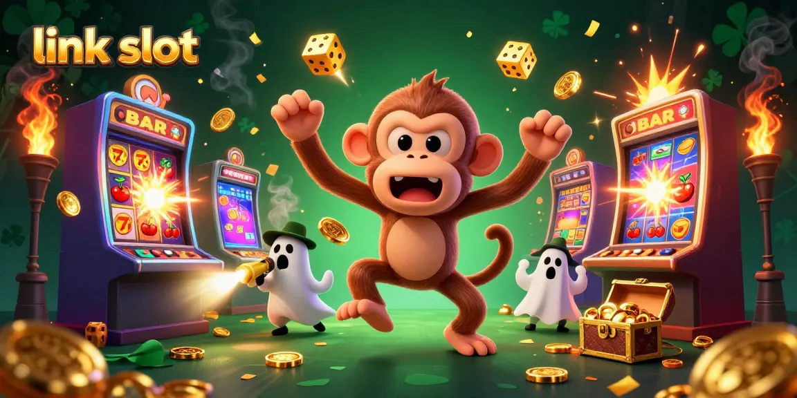Engage with exciting link slot adventures as a mischievous monkey juggles casino treasures in a vibrant scene.