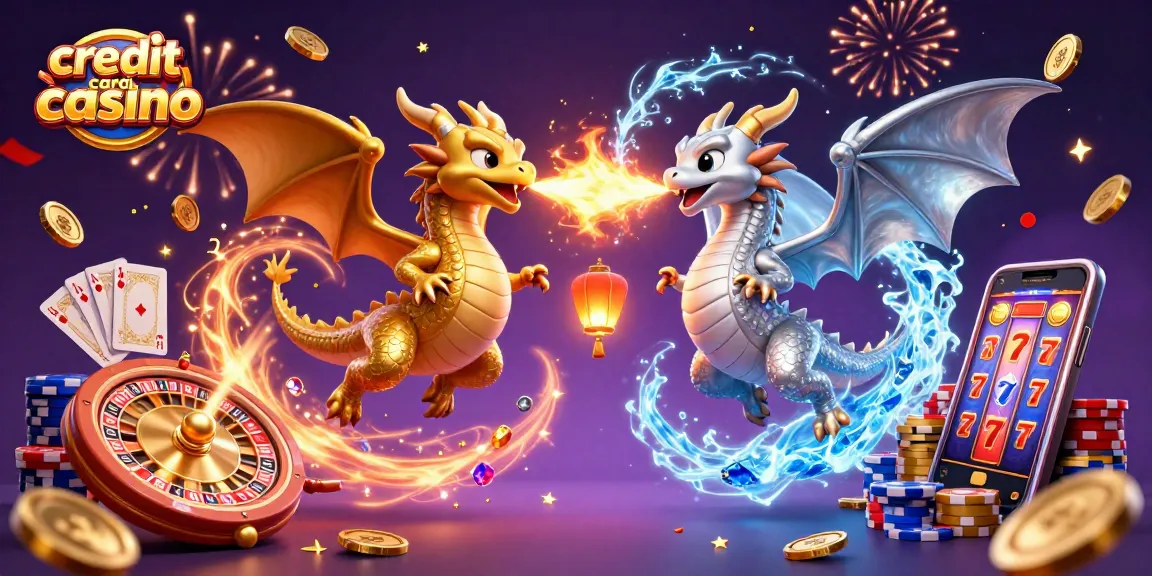 Experience thrilling action at a credit card casino with cartoon dragons battling amidst gaming elements.